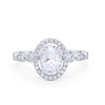 Art Deco Wedding Halo Ring Oval Simulated Cubic Zirconia 925 Sterling Silver
